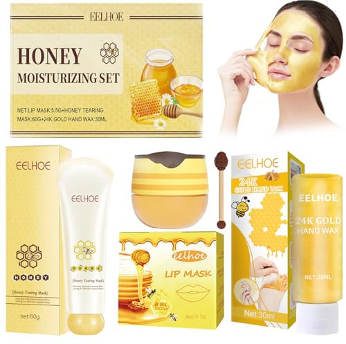 24k Gold Peel Off Hautpflege Set, 3PCS Gold Gesichtsmaske Honey Lippenmaske Honig-handmaske Skincare Set Peeling-Handmaske Reparatur für rauhe Haut für Männer & Frauen