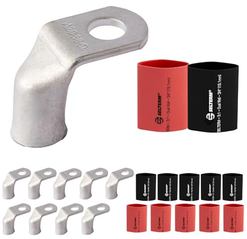 SELTERM 10pcs - 2/0 AWG 3/8 Stud 90° Bent Battery Lugs - Ring Terminal Connectors with 12pcs 3:1 Black & Red 3/4 Heat Shrink Tubing - Heavy Duty Battery Cable Ends - Tinned Copper Wire Connector Kit