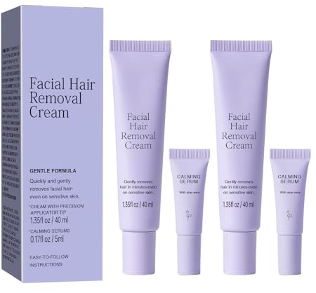 Facial Hair Removal Cream for Women, Ladies Body and Face Hair Remover Cream for Sensitive Skin, Upper Lip, Chin & Cheeks + Calming Serum, 8-Minute Fast Acting Gentle Painless Depilatory Creams kit