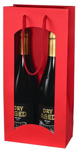 5x Wein Geschenktüte - für 2 Flaschen, Rot mit Fenster, edle Leinenstruktur, stabile Tragekordel
