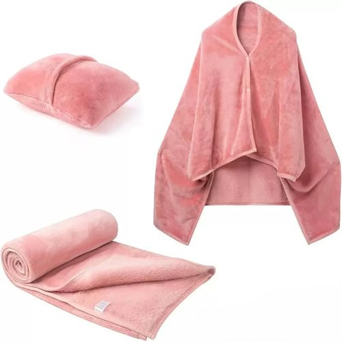 Dasellfa resefilt filtar resekuddar, camping bil flygplan prylar filt, srandkudde, $chulterwaRmer, poncho med knoppar kudde filt 3 i 1. för kvinnor, män och barn (rosa)