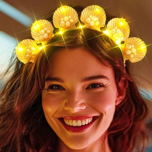 Evlry LED-Muschelkronen Stirnband, Leuchtende Perlen Haarreif, Festival, Cosplay Meerjungfrauen-Haarschmuck für Frauen
