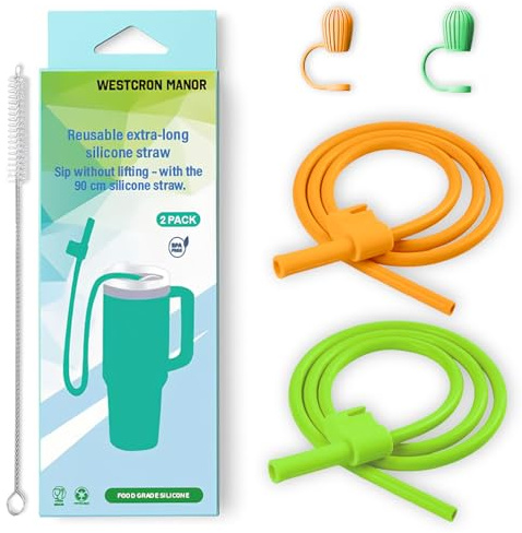 Extra Long 90cm Stanley Straw, Soft, Flexible and Adjustable. Food-Grade Silicone, Reusable with Cover Stanley Cup Accessories for 40 & 30 oz Tumblers, Ideal for Bedridden, Driving (Yellow&Green)