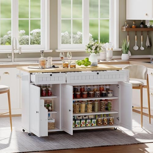 Kebnor Kücheninsel mit klappbarer Arbeitsplatte, Küchenschrank auf 6 feststellbaren Rollen, mit Ablage, Türregal, 2 großen Schubladen und Schrank,137 x 89,5 x 45 cm (Weiß)
