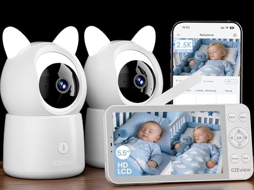 CZEview 2.5K 5,5 Baby Monitor Video e Audio, Luce Notturna & Musica, Telecamera Bambini, Controllo APP Mobile & Monitor, Rilevamento di Suoni, Movimenti e Temperatura (Bianco con 2 telecamere)