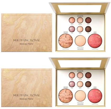 Paleta de maquillaje todo en uno, sombra de ojos, resaltador y contorno, polvo mezclable de larga duración para un aspecto esculpido y radiante, compacto para viajes (2 unidades)