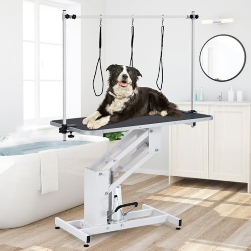 CuisinSmart Hydraulic Dog Grooming Table 43.3'' Large Pet Grooming Table for Dogs, Max Load 350Lbs, 22-39 Adjustable Height, Non-Slip PVC Top Salon-Grade Dog Groomings Station