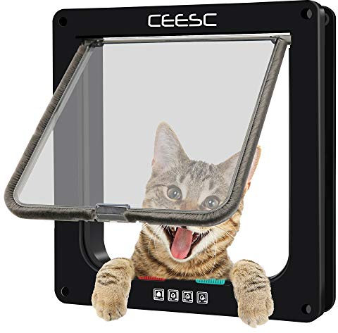 CEESC Mittlere Katzenklappe (Außenmaße 19x20cm), Wetterfest, Schwarz, ABS-Material, 4-Wege-Verriegelung für Katzen und Hunde mit einem Umfang < 40cm