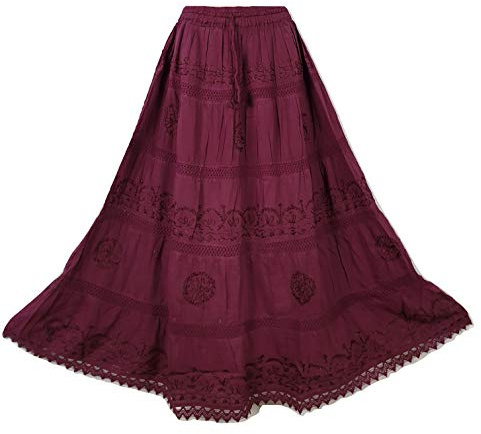 Doorwaytofashion Women Cotton Maxi Full Length Skirt Embroidered Boho Casual Festival Summer UK 10,12,14,16,18 Burgundy