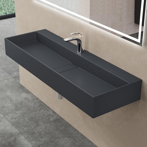 doporro Lavabo da Appoggio o Sospeso Rettangolare 120x40x14 cm per Bagno | Lavandino per Bagno in Resina Minerale, Colore Antracite, Finitura Opaca, Foro per Rubinetto, Uso in Casa, Ristorante e Hotel