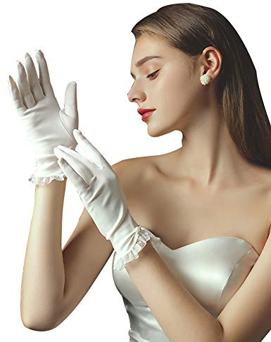 QRBTSCL Women's Short Satin Gloves Wrist Length Gloves for Wedding Opera Party 1920s Tulle Ruffles Glove Ivory-0503Y2