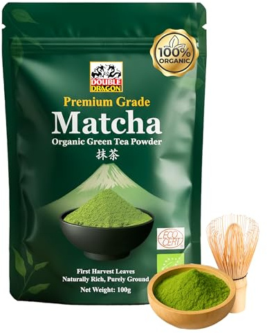 Double Dragon Organic Matcha Green Tea Powder 100g - Premium Ceremonial Grade Matcha Powder, Stone-Ground Using Traditional Japanese Milling Method | Antioxidant Rich | For Lattes, Smoothies & Baking