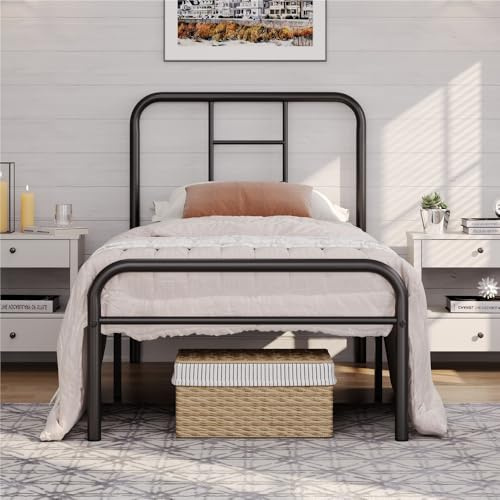 Yaheetech 3ft Single Bed Frames Metal Bed Frame with Headboard,Strong Iron Platform Bed for Bedrooms,Ground clearance: 32 cm/Black
