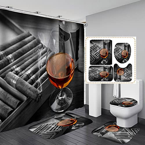 OLEBETY 4PCS Cigar Shower Curtain Set, Tobacco Smoke Cognac Brandy Snifter Crystal Glass Alcohol Liquor Wine Drink Home Bar Man Cave Bathroom Decor, Non-Slip Bath Mat, Gifts for Husband Dad, Whiskey