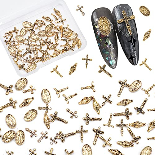 NICENEEDED Kit di Ciondoli per Nail Art con Croce Da 60 pezzo, Gioielli per Unghie Punk In Metallo 3D per Decorazioni per Unghie, Set di Borchie per Unghie A Forma Mista In Stile Antico (Oro Retrò)