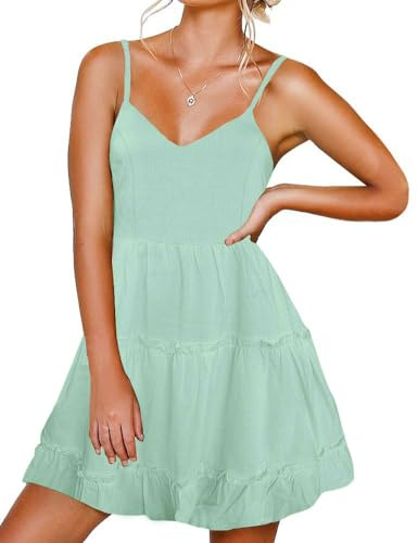 FANCYINN Vestidos con Tirantes Finos y Cuello en V para Mujer sin Espalda sin Mangas Vestido Floral con Volantes Vestido Informal Holgado Verde Claro XL