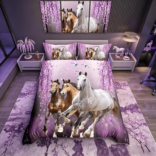 Copripiumino per ragazzi con cavallo e rami di ciliegio, per bambini, donne, lavanda, viola, set di biancheria da lettogaloppo, cavallo, copripiumino, decorazione animale, per camera da letto, 2 pezzi