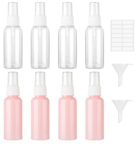 8 Stück 50ml Sprühflasche, Zerstäuber Feinen Nebel Sprayflasche leer Plastik Zerstäuber Nachfüllbare, Tragbares Reiseflaschen Set mit Trichter für Wasser Alkohol Parfüm (4 transparent + 4 rosa, 50ml)