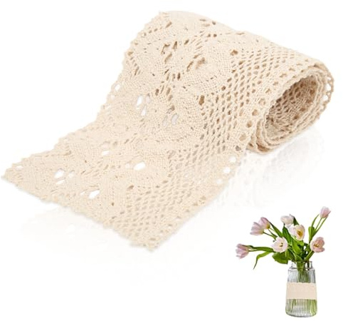 Cinta de Encaje de Algodón - 10 Yardas x 10 cm de Ancho, Diseño Floral para Envolver Regalos, Manualidades de Día de San Valentín (Beige)