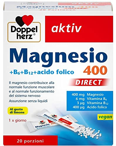 Magnesio 400 Direct + B6+ B12+ acido folico - Vegano - 20 bustine di micro pellet al gusto limone - contribuisce la funzione muscolare e il sistema nervoso - Doppelherz (Magnesio 400 NUOVO)