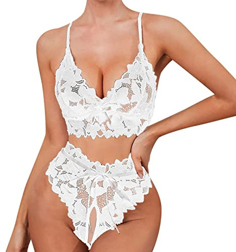 Sexy Lace Lingerie for Women Naughty, See-Through Mesh Babydoll Bodysuit,Bra and Panties Cut Out, 2 Piece Suit Nightwear for Ladies Halloween Carnival Valentine Christmas Party Black White (White)