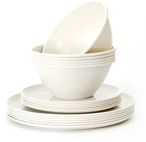 Youngever 18 Pieces Grand Service de Table en Plastic, Grand Assiette (20CM & 25CM), Bowls (1000ML), Service for 6 (Cream)