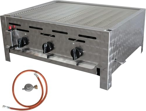 BSR-Grillen 3-flammiger Profi Gasgrill aus Edelstahl, stufenlos regelbar, Gasbräter, Gastrogrill, Gastrobräter, Gasschlauch und Druckminderer (11 kW | Edelstahl Grillrost)