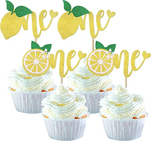 24 Stück Erster Geburtstag Tortendeko, Glitzer Zitrone One Cupcake Toppers Sommer Früchte Torten Deko Cake Toppers für Kinder Jungen Mädchen 1. Geburtstag Baby Dusche Party Supplies