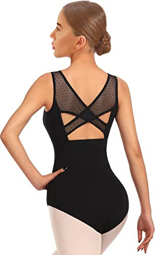 DANSHOW Damen Ballett Mesh Tanz Trikot Tank Top Crisscross Hohl Rücken Tanzbekleidung Ballett Trikot(23601-06-L)