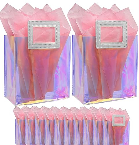 Caleihd 12 Stück holografische transparente Geschenktüten mit Seidenpapier, 20,1 x 18 x 9,9 cm Geschenktüten mit Griffen, Leckerli-Tüten, Goody Taschen, für Weihnachten, Geburtstagsparty, Jäten,
