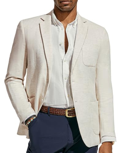 PJ Paul Jones Giacca da Uomo Slim Fit Due Bottoni Casual Blazer Cotone Lino a Spina di Pesce Cappotti Sportivi, Beige, L