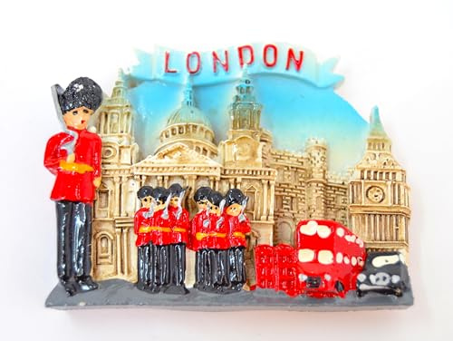 3D Kühlschrankmagnet London. Die Könige speichern. Zweistöckiger Bus, schwarzes Taxi, Big Ben, rote Telefonzelle, Turmbrücke, 7 cm
