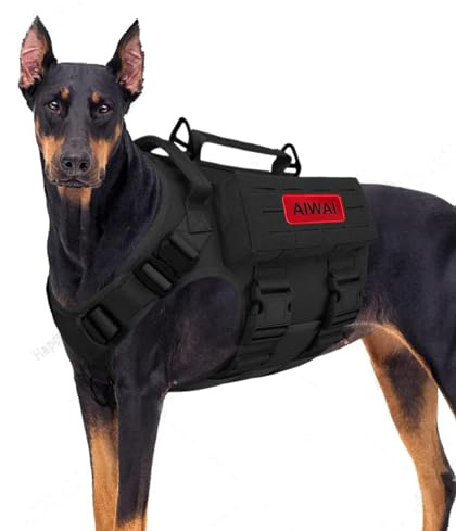 AIWAI Tactical Hundegeschirr mit Griff für große Hunde, 2X Metallschnalle, Hund MOLLE Weste mit Taschen, Kein Zug Verstellbare Easy Control Hundeweste Geschirr für Working Training (Schwarz, L)