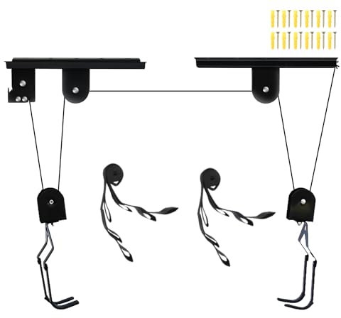 Gemsaya Fahrradlift bis 60 kg, Stahl Fahrrad Deckenlift, Deckenmontage Fahrradhalterung mit Haken und Seilbremse, Schwarz Bike Lift Befestigungshöhe 4m, Deckenhalterung für Fahrräder E-Bikes