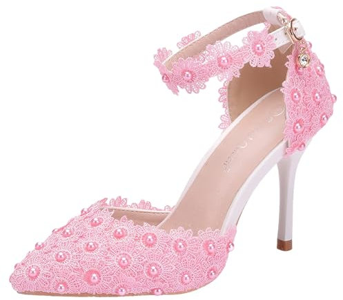 Jamron Donna Elegante Tacco a Spillo Décolleté a Punta con Cinturino alla Caviglia Pizzo Perle Scarpe da Sposa Rosa SN0703212-2 EU41