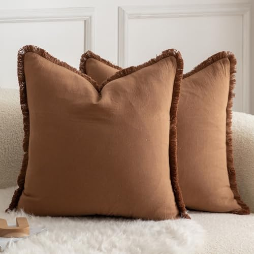 Mandioo 2er Set neutralen Baumwolle Quasten Kissenbezug 40x40cm Dekorative Kissenbezüge Dekokissen Boho Sofakissen Kissenhülle für Couch Sofa Schlafzimmer Wohnzimmer Heimdekoration Braun
