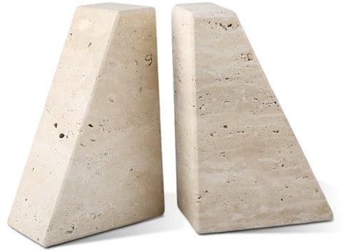 Karibiber Travertine Bookends for Heavy Books, Marble Decorative Bookends for Shelves, Heavy-Duty Stone Book Ends for Hardback Book & Cookbooks, Unique Book Stopper & Holder, Travertino Italy
