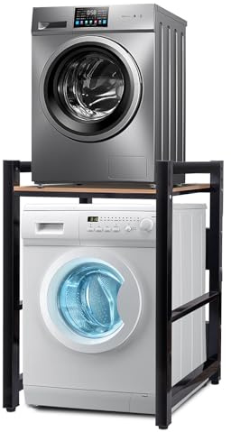 JXZ Waschmaschinenschrank, Waschmaschinenregal, Waschmaschine Trockner Schrank Regal, Tragfähigkeit 300 kg, 3 Höhenverstellbar für Badezimmer Küche Balkon Waschküche(Schwarz, Holzbrett)