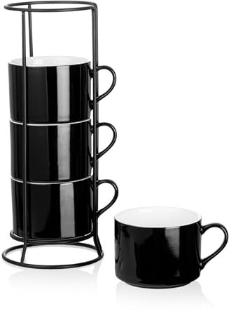 Meichu Set di 4 tazzine da caffè impilabili in porcellana da 295 ml e supporto in metallo, colore: nero