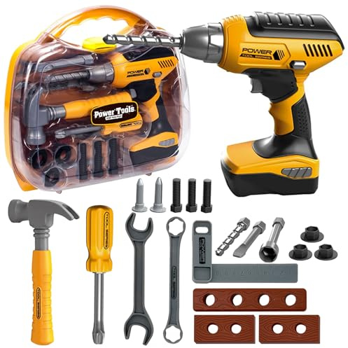 Playhiland Pretend Play Kids Construction Kits, Kids Tool Set with Electronic Toy Drill & Tool Box, Toy Tools Christmas Birthday Gift for 3 4 5 6 7 8 Year Old Boys & Girls