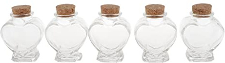Lot de 5 mini bouteilles en verre avec bouchon en liège – Décoration de mariage et cadeau créatif – Bocaux en verre transparent pour bouteilles à message et plus encore – Forme de cœur