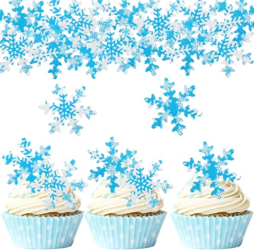 ENLACE Frozen Tortendeko Essbar,50 Stück Esspapier Schneeflocken Tortendeko | Snowflake 2 Farben Frozen Kuchen Deko Geburtstag, Schneeflocken Cupcake Topper Weihnachten, Schneeflocken Muffin Deko