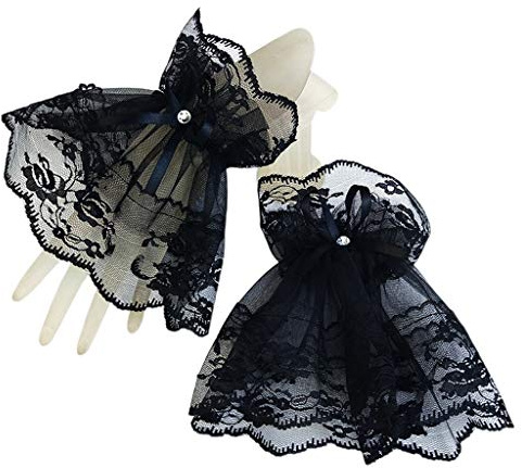 YIBOZI Damen Halloween Gothic schwarze Spitze Handgelenk Manschetten Armbänder Hochzeit Party Sonnenschutz für Strass Schleife fingerloser Handschuh