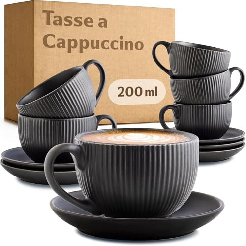 Cosumy Tazze Cappuccino con Piattino 200ml - 6 Tazzi Nero con Manico - Esclusivo disegno a strisce - Ceramica opaca - Lavabili in Lavastoviglie