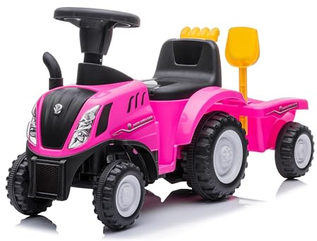 Primi Passi Trattore Cavalcabile NewHolland per Bambini con Rimorchio Paletta e Rastrello inclusi con Luci e Suoni Rosa