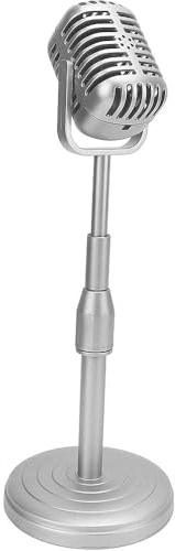 CYSFETENA Fake Vintage Microphone, Lightweight Portable Microphone Prop, Silver Retro Mic with Adjustable Stand for Speech Singing Practice, Stage Performance, Photography Props