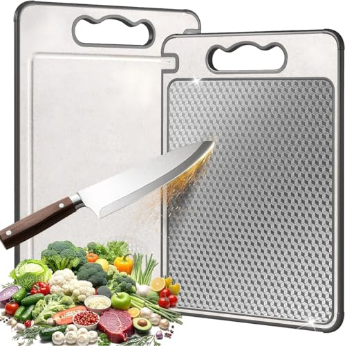 BEJAGWUS Schneidebrett Edelstahl 304,Titan Schneidebrett,Schneidbrett | Cutting Board für Fleisch,Gemüse Obst & Brot,36,5 * 25 cm,Rutschfeste Struktur,Beidseitig verwendbar,Mit Messerschärfer