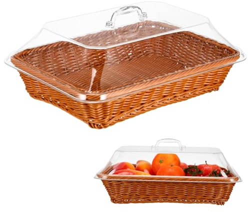BESTYASH Cestino Intrecciato in Finto Rattan Con Coperchio 35x25x15 Cm, Cestino Del Pane Rustico Per Servire Cibo e Frutta, Per Ristoranti, Cucina e Picnic