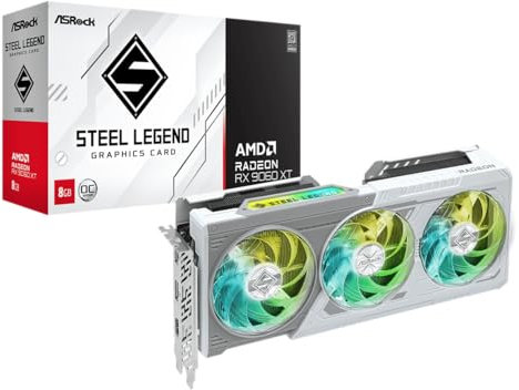 ASRock Radeon RX 9060 XT Steel Legend 8GB GDDR6 OC Grafikkarte | 3320 MHz Boost | Triple Fan | 0dB Kühlung | Metal Backplate | PCIe 5.0 | DisplayPort 2.1a, HDMI 2.1b