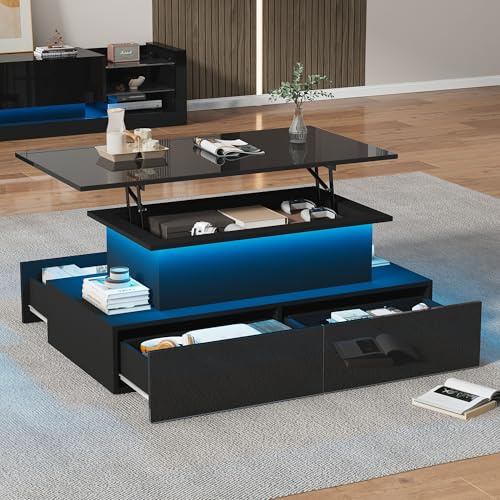 Merax Couchtisch mit Höhenverstellbarer Platte, Moderner Hochglanz Wohnzimmertisch mit LED, Sofatisch Kaffeetisch mit 4 Schubladen, Versteckter Stauraum, Rechteckig Mitteltisch Beistelltisch, Schwarz